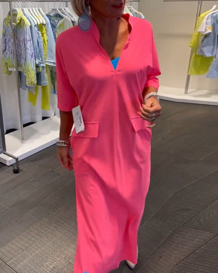 Effen jurk met split en V-hals