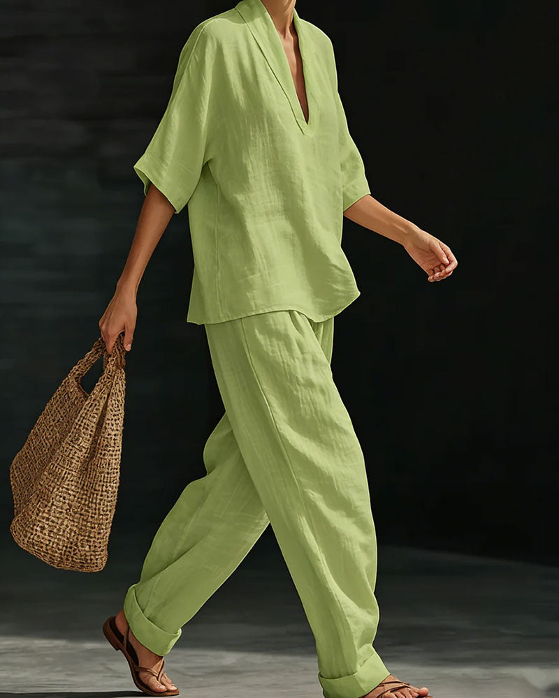 Set V-Hals Kort Mouw Katoen Linnen