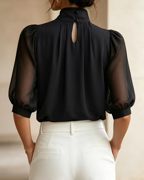Blouse Hoge Hals Pofmouw Ellebooglang Chiffon