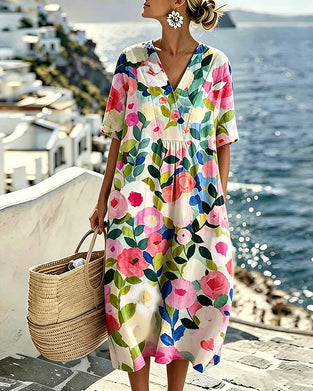 Jurk Aquarel Bloemen V-Hals