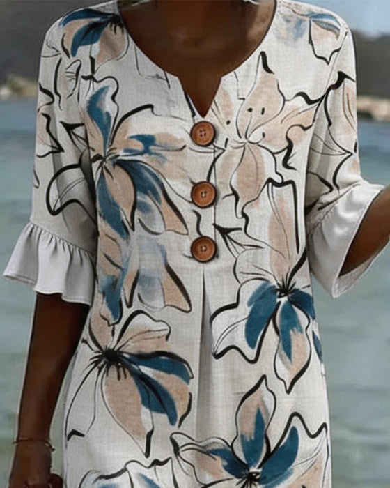Jurk V-Hals Aquarel Bloemen Mantel