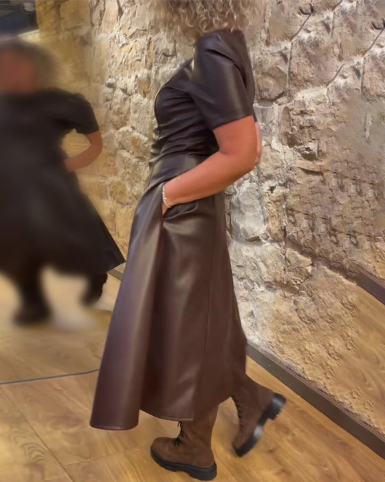 Jurk Pu Leren Getailleerd Korte Mouwen