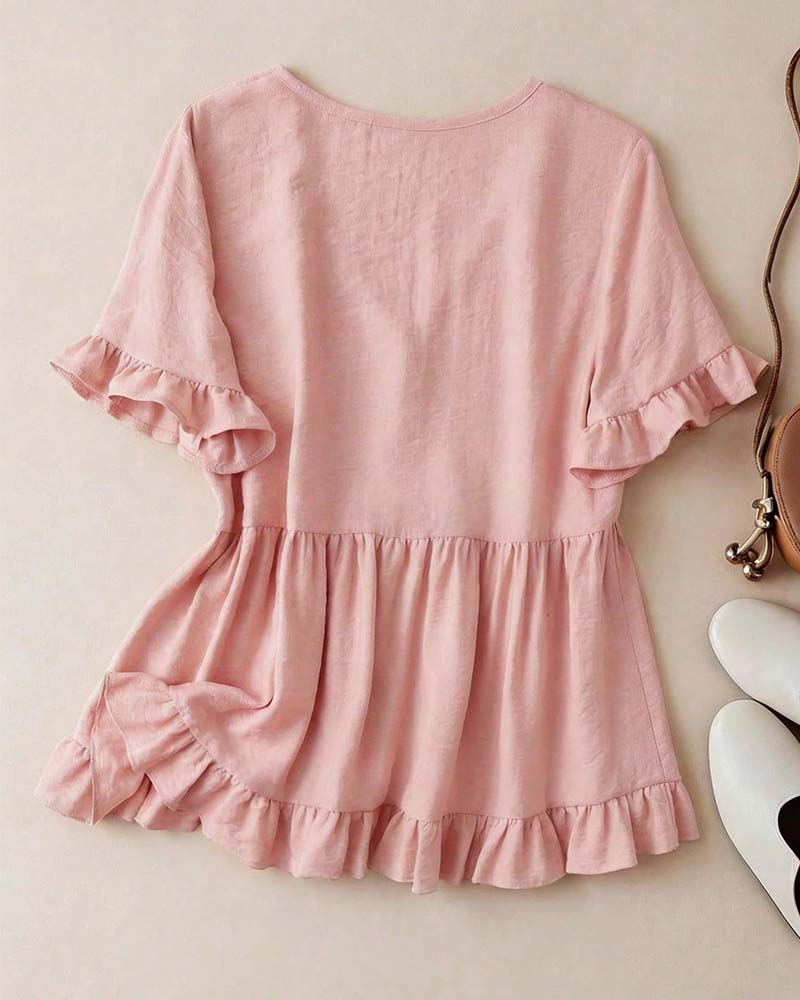 Blouse V-Hals Ruffle Parel Knoop
