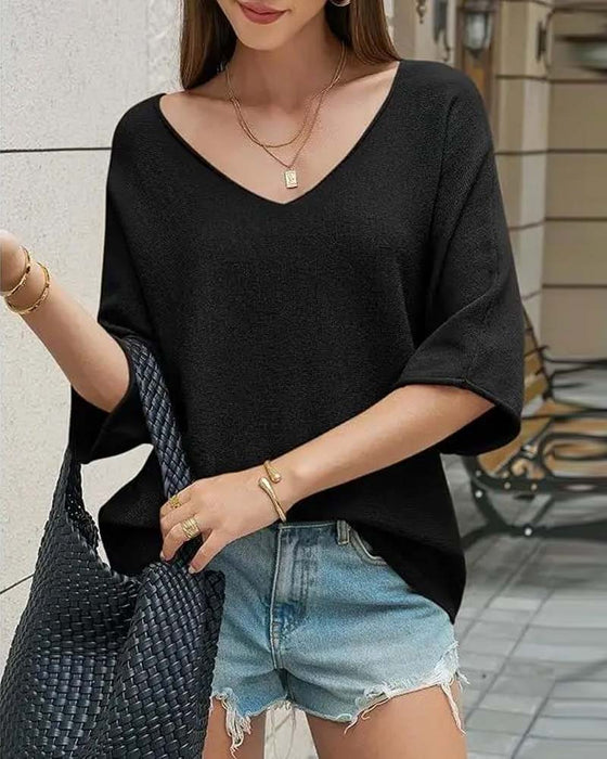 T-Shirt V-Hals Vleermuis Mouw Effen