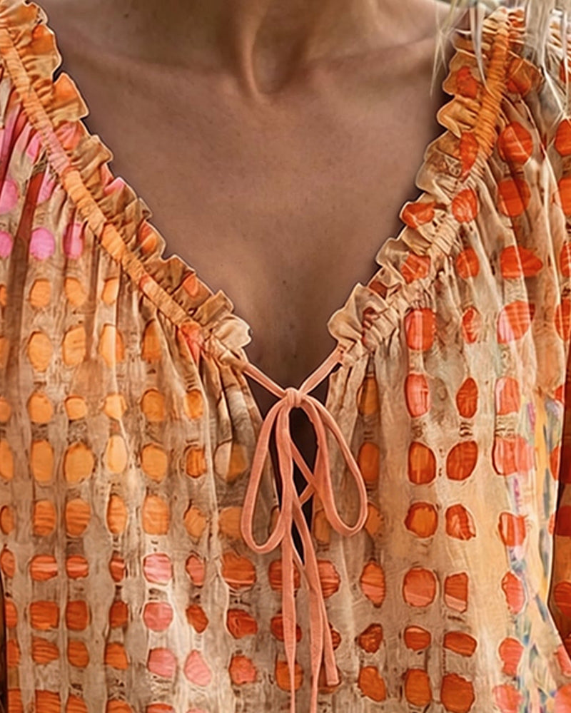 Blouse Stippenpatroon Met Vetersluiting