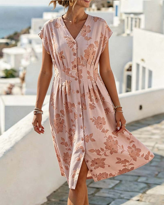 Jurk V-Hals Print Getailleerde Taille Knoopsluiting Voorzijde