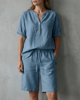 Twee-Delig Set Henley Hals Korte Mouw En Koord Vijf-Punts Wijde Been Broek