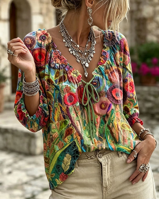 Blouse V-Hals Ruffle Pofmouw Strik