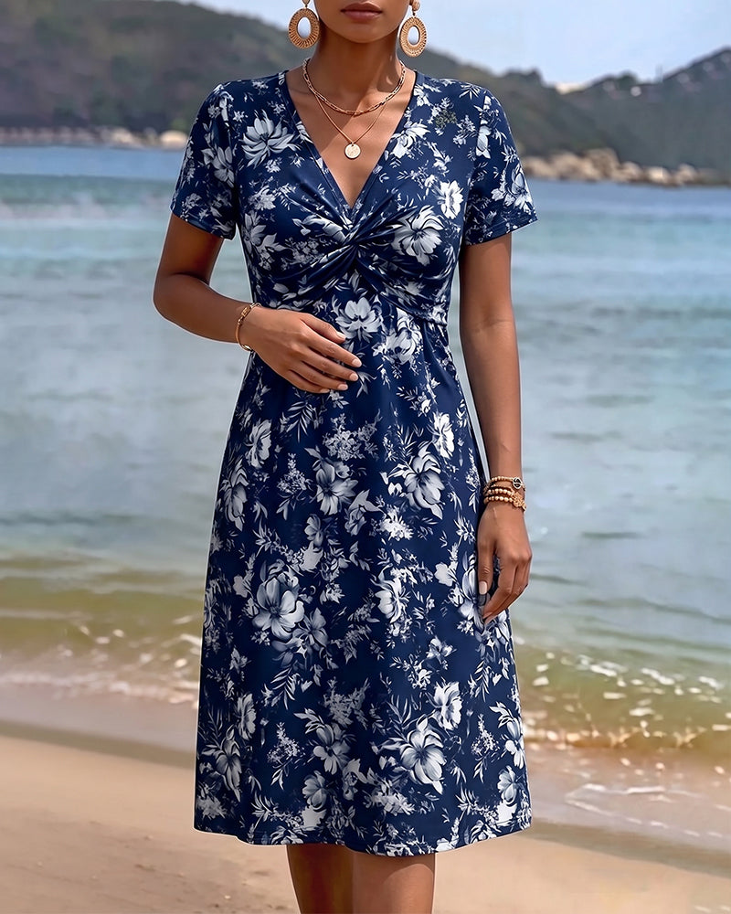 Jurk Bloemen V-Hals Twist Knoop