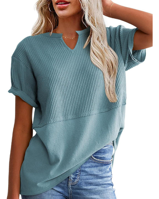 T-Shirt Getailleerde Taille Patchwork V-Hals Pullover