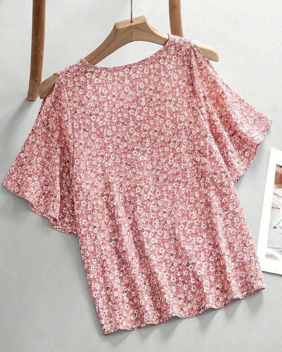 Blouse V-Hals Bloemen Off-Shoulder Flutter Mouw