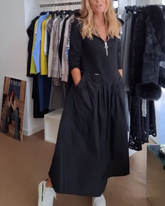 Casual jurk met rits, capuchon en patchworkzak