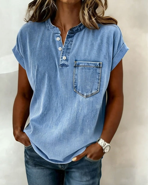 Top Gewassen Denim Henley Korte Mouw