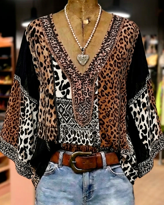 Blouse Luipaard Patchwork Lantaarn Mouw