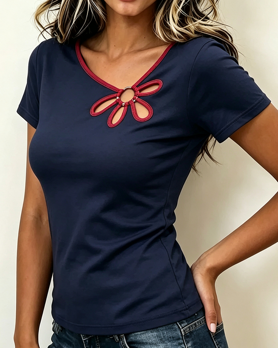 T-Shirt Bloemig Uitsnede Korte Mouw