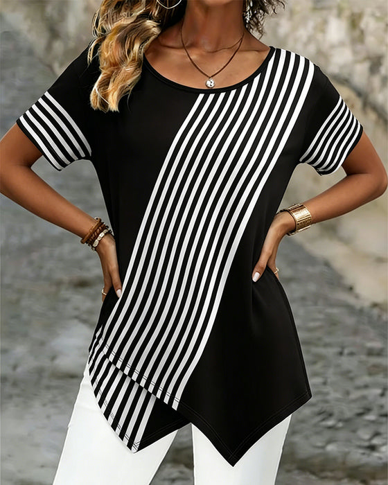 T-Shirt Diagonale Streep Patchwork Rondhals