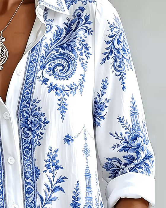 Overhemd Blauw Porselein Print Reverse