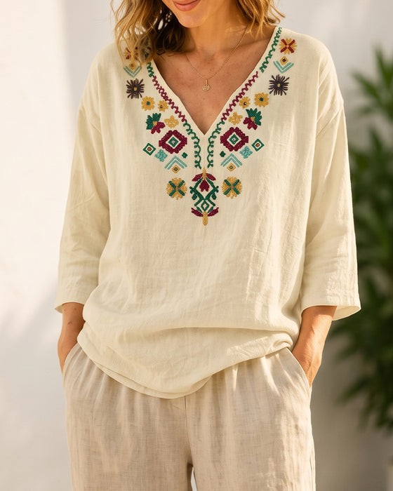 Blouse V-Hals Bohemien Bedrukt