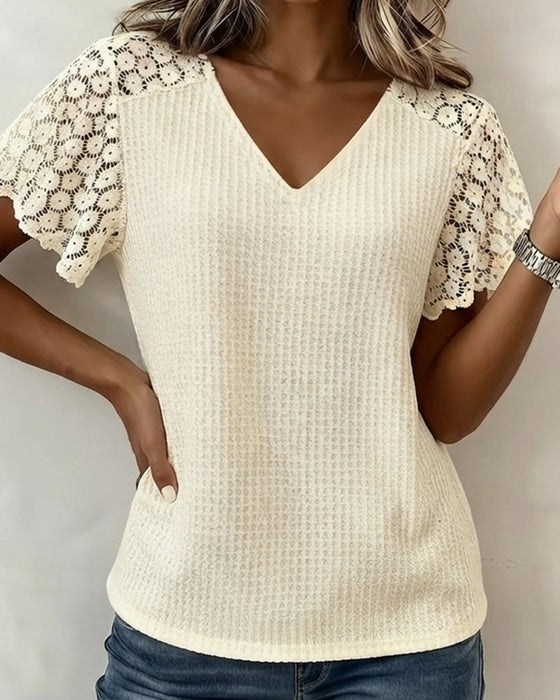 T-Shirt V-Hals Wafel Kant Patchwork Effen