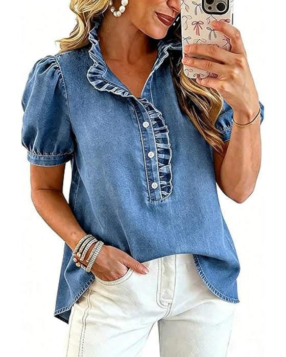 Blouse Dichtknopen Ruffle Denim