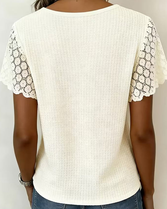 T-Shirt V-Hals Wafel Kant Patchwork Effen
