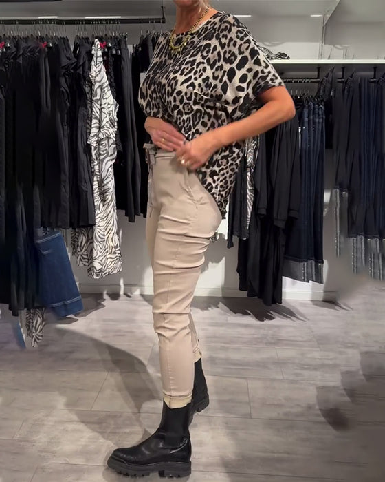 Blouse Ronde Hals Luipaardprint Korte Mouwen