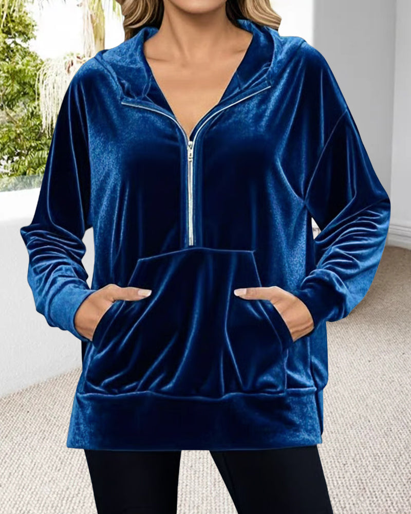 Hoodie Met Half-Rits Detail, Fluwelen Stof En Kap Design