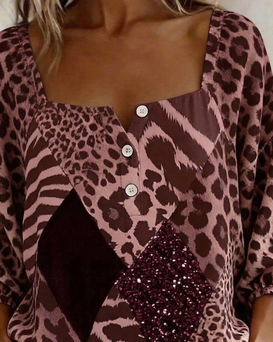 Blouse Vierkante Hals Luipaardprint Patchwork Paillet