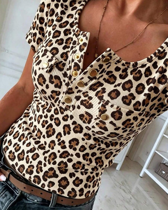 Blouse Henley Hals Luipaard Print Korte Mouw