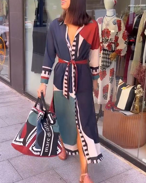 Casual color block print jurk met revers en veter