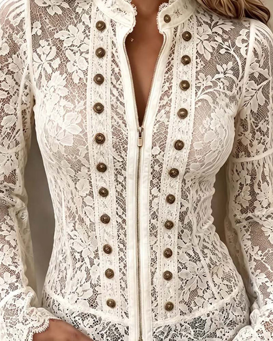 Blouse Staande Kraag Casual Lange Mouw