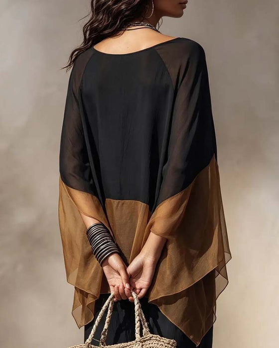 Blouse Contrast Paneel Gedrapeerd V-Hals