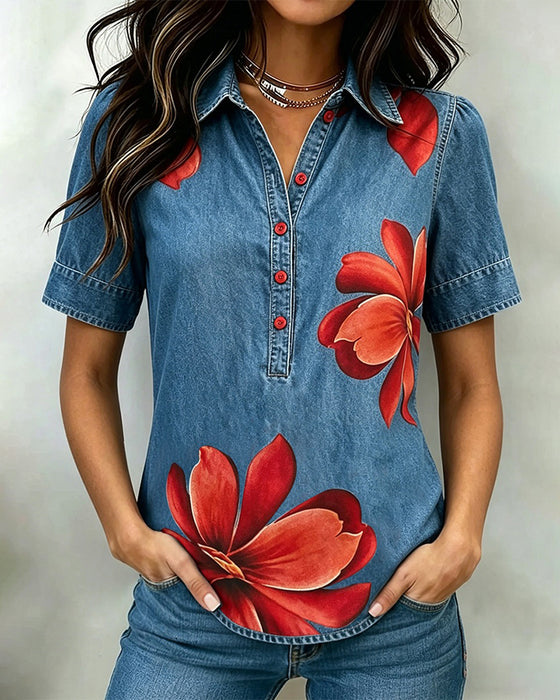 Top Met Kraag Knoopsluiting En Print