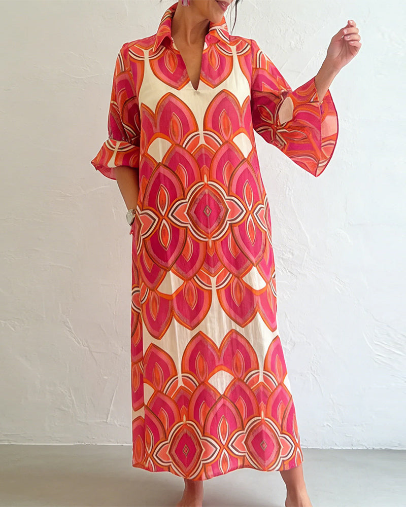 Jurk Elegant V-Hals Lange Mouw Bloemen