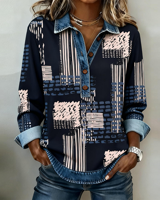 Gedrukte Sweatshirt Met Button-Down Kraag En Patchworkdetails