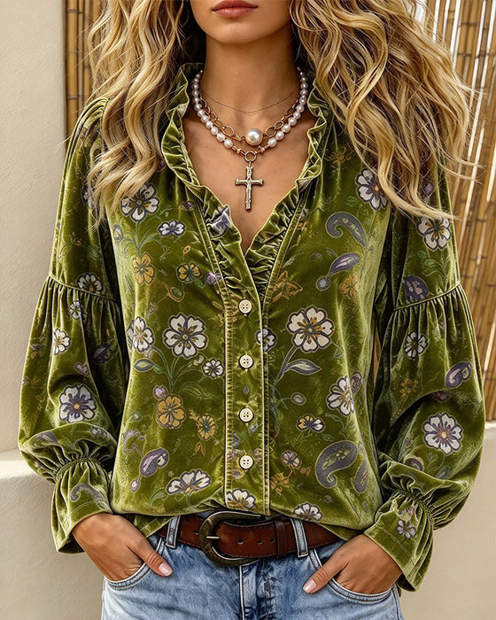 Blouse V-Hals Knoop Volant Bloemen