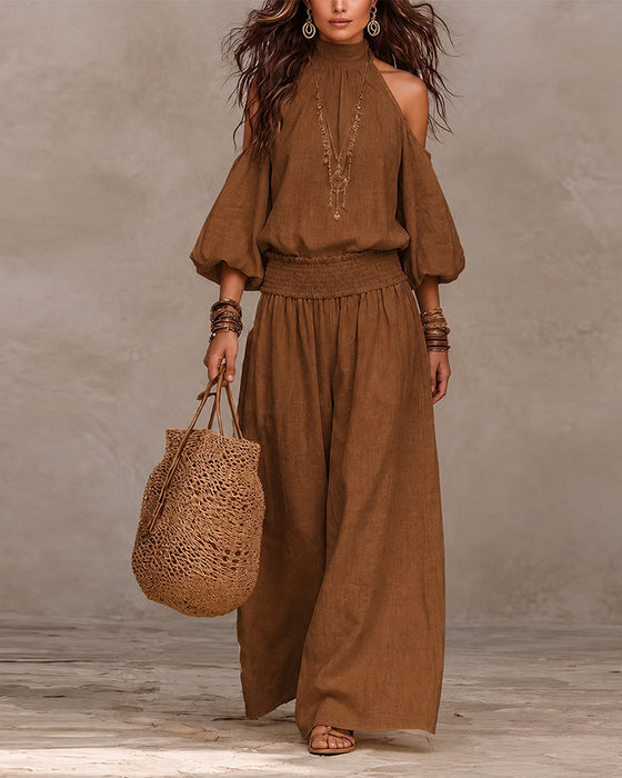 Set Off-Shoulder Lange Mouw Gerimpelde Broek