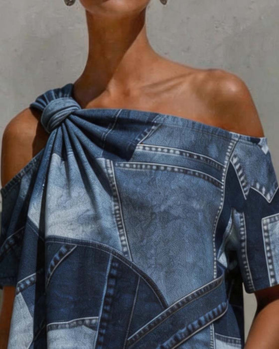Blouse Een-Schouder Twist Knoop Patchwork