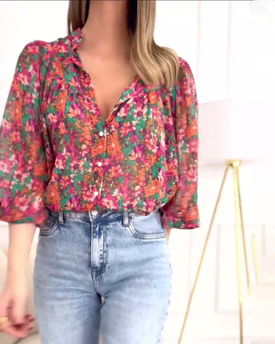 Overhemd met print en button-down met pofmouwen