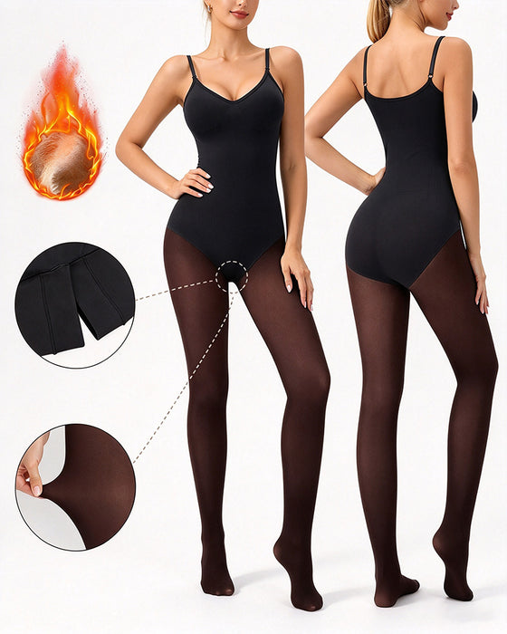 Transparant Paneel Met Fleecegevoerde Panty Stay-Warm Buikcontrole Sheer-Effect Panty Bodysuit Zwart Basic