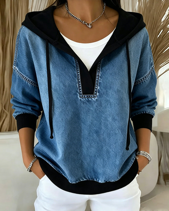 Hoodie Kleurblok V-Hals Trekkoord