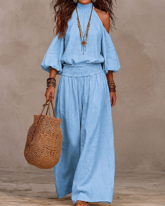 Set Off-Shoulder Lange Mouw Gerimpelde Broek