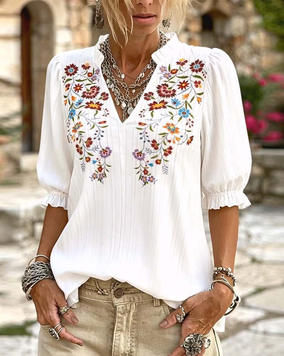Blouse Ruffle Trim Print Casual