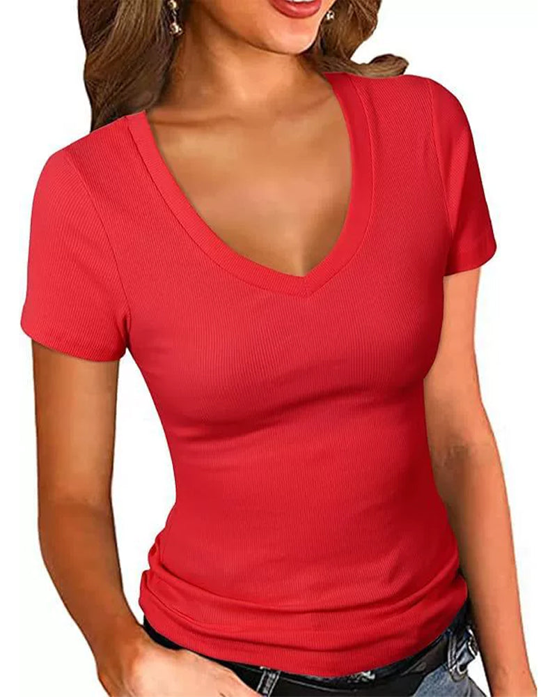 T-Shirt Geribbeld Slim Fit V-Hals Korte Mouw
