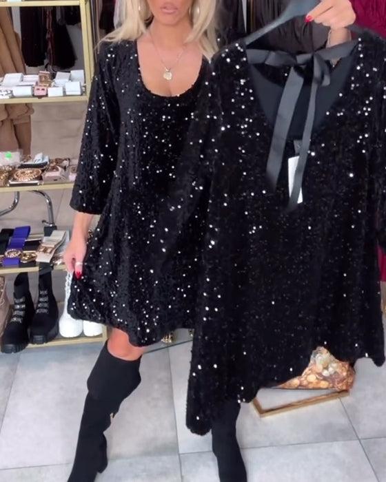 Fluwelen Pailletten Jurk Met Wijde Halslijn