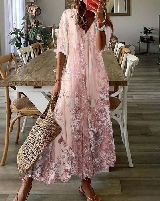 Jurk V-Hals Bloemig Ruffle Volle Rok