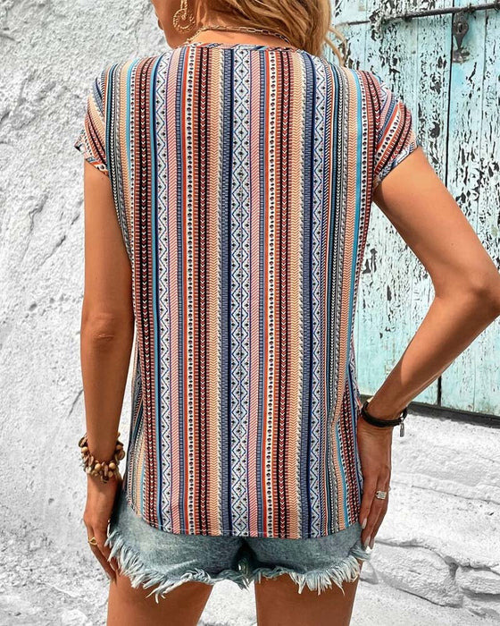 T-Shirt Kleurrijk Bedrukt Kant V-Hals