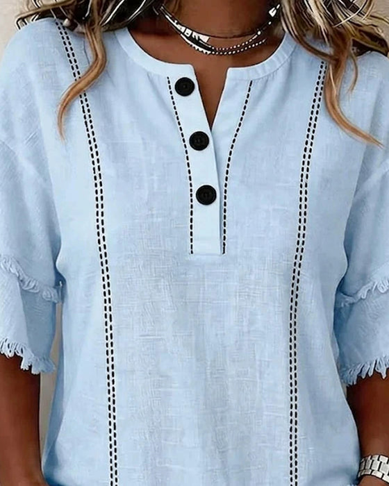 Blouse V-Hals Ruffle Laag Half Knoopslits Knoop