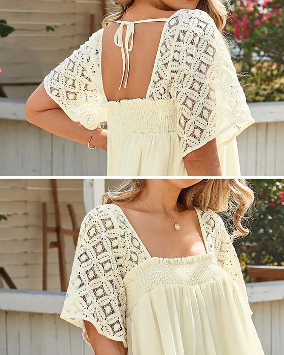 Jurk Vierkante Hals Kant Patchwork Effen