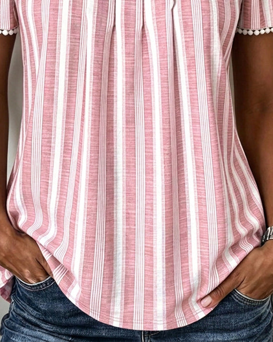 Blouse Gestreept Vierkante Hals Korte Mouw